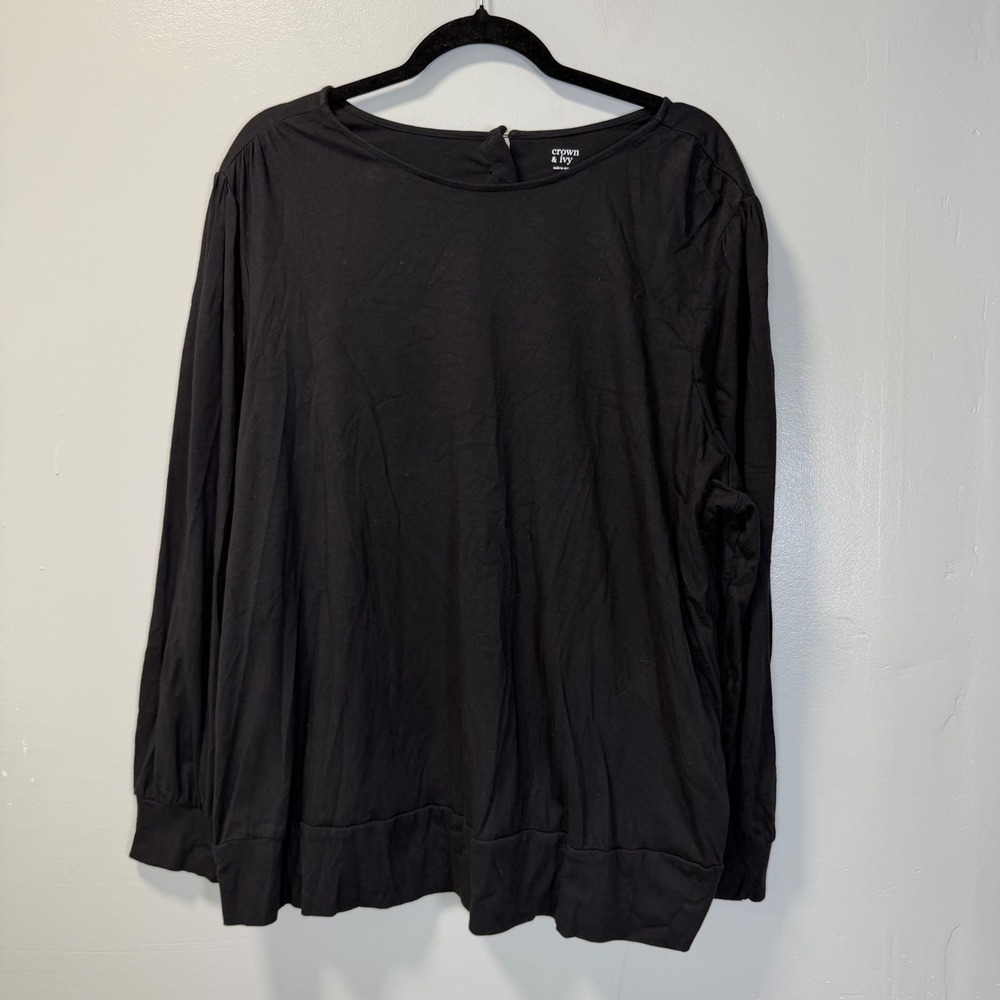 Crown & Ivy Womens 4X Black Long Sleeve Button Back Knit Top Blouse